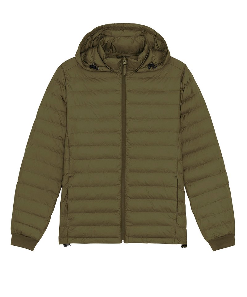 Elegant men's puffer jacket made from 100% recycled polyester, showcasing a sleek design and versatile removable hood for stylish warmth.