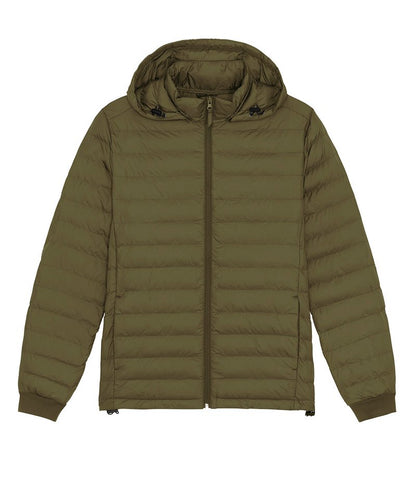Elegant men's puffer jacket made from 100% recycled polyester, showcasing a sleek design and versatile removable hood for stylish warmth.