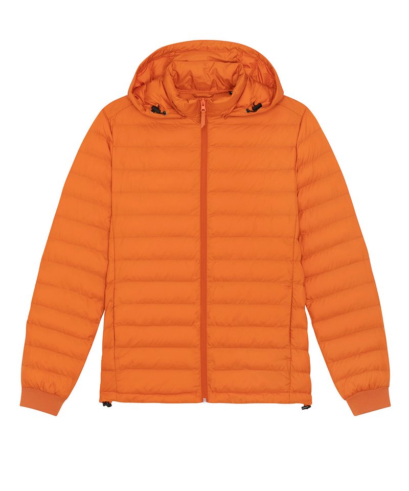 Premium men's puffer jacket crafted from 100% recycled polyester, featuring a sophisticated design and functional removable hood for eco-luxury.