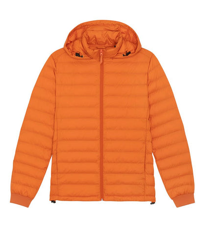 Premium men's puffer jacket crafted from 100% recycled polyester, featuring a sophisticated design and functional removable hood for eco-luxury.