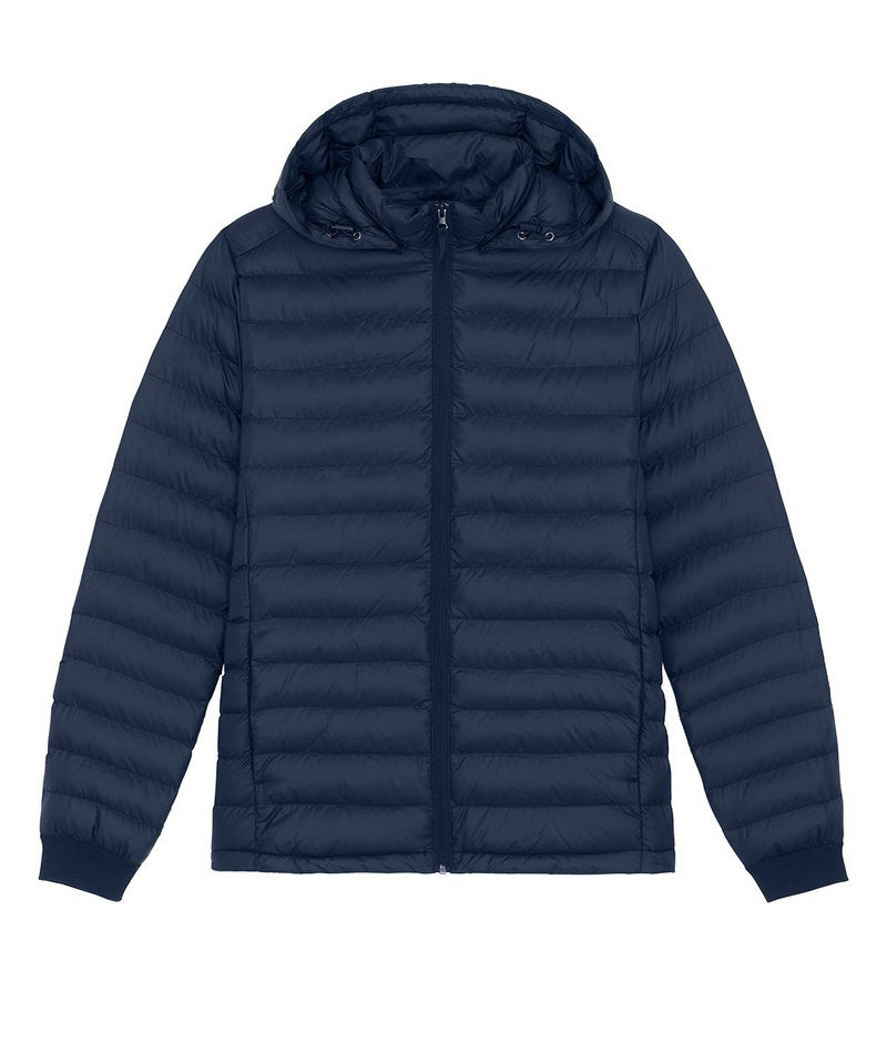 Sleek 100% recycled polyester puffer jacket for men, boasting a stylish removable hood that adds both warmth and luxury.