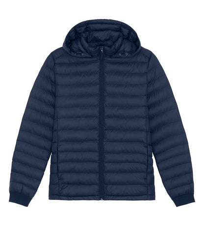 Sleek 100% recycled polyester puffer jacket for men, boasting a stylish removable hood that adds both warmth and luxury.