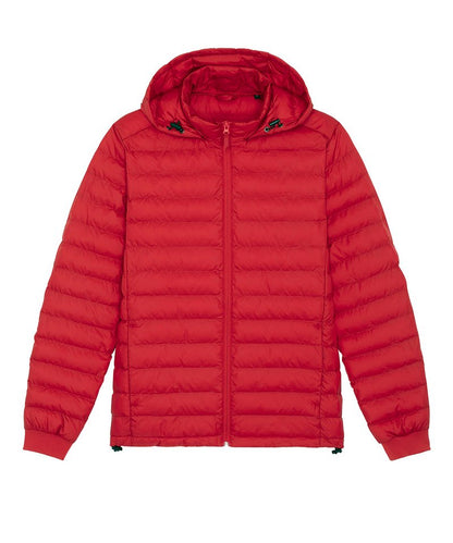 Luxurious eco-friendly 100% recycled polyester puffer jacket for men featuring a warm removable hood, perfect for sustainable fashion.