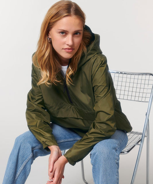 Luxurious sustainable recycled polyester zip neck anorak with adjustable hood, featuring a longer back design for enhanced protection against elements.