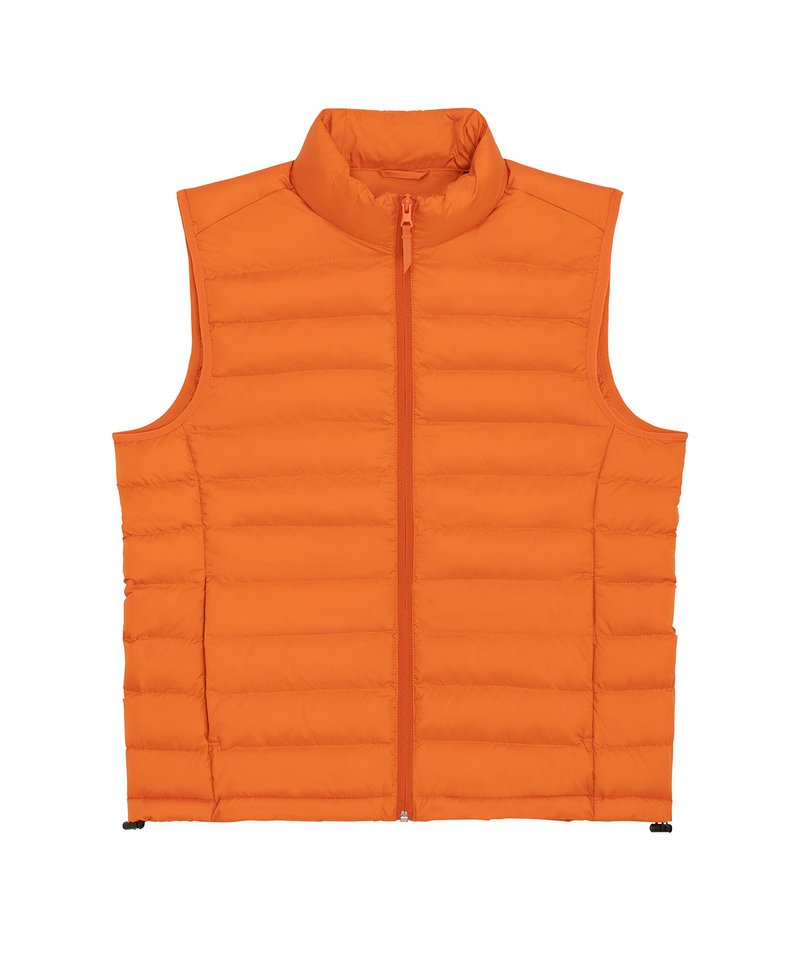 Luxury women’s puffer bodywarmer in recycled polyester, showcasing lightweight and versatile sleeveless design for stylish layering.
