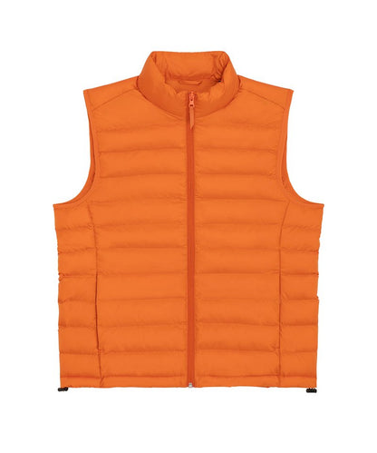 Luxury women’s puffer bodywarmer in recycled polyester, showcasing lightweight and versatile sleeveless design for stylish layering.