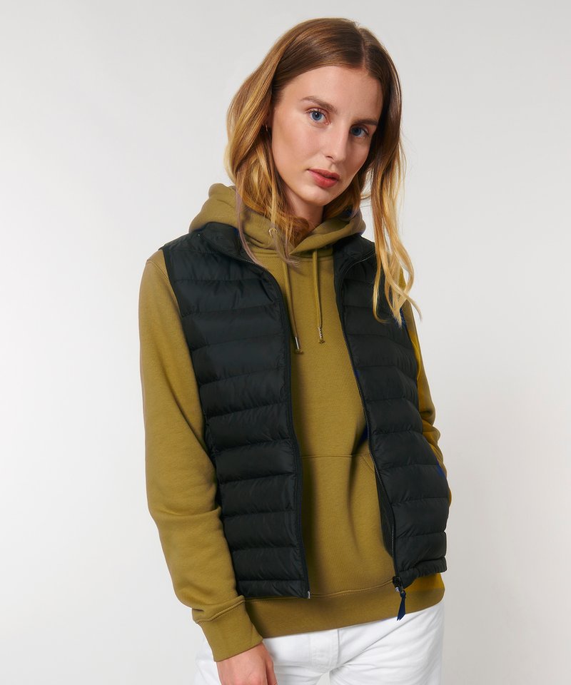 Luxury recycled polyester puffer bodywarmer for women, showcasing a sleek sleeveless design ideal for stylish layering.