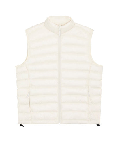 Elegant sleeveless puffer jacket for women, made from 100% recycled polyester, perfect for eco-conscious fashion lovers.