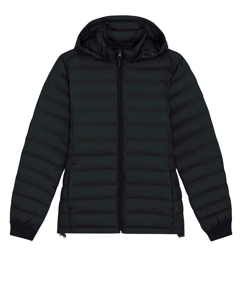 Side view of the Women's Puffer Jacket with a removable hood, highlighting the adjustable plastic stoppers and elastic cord for a tailored fit.