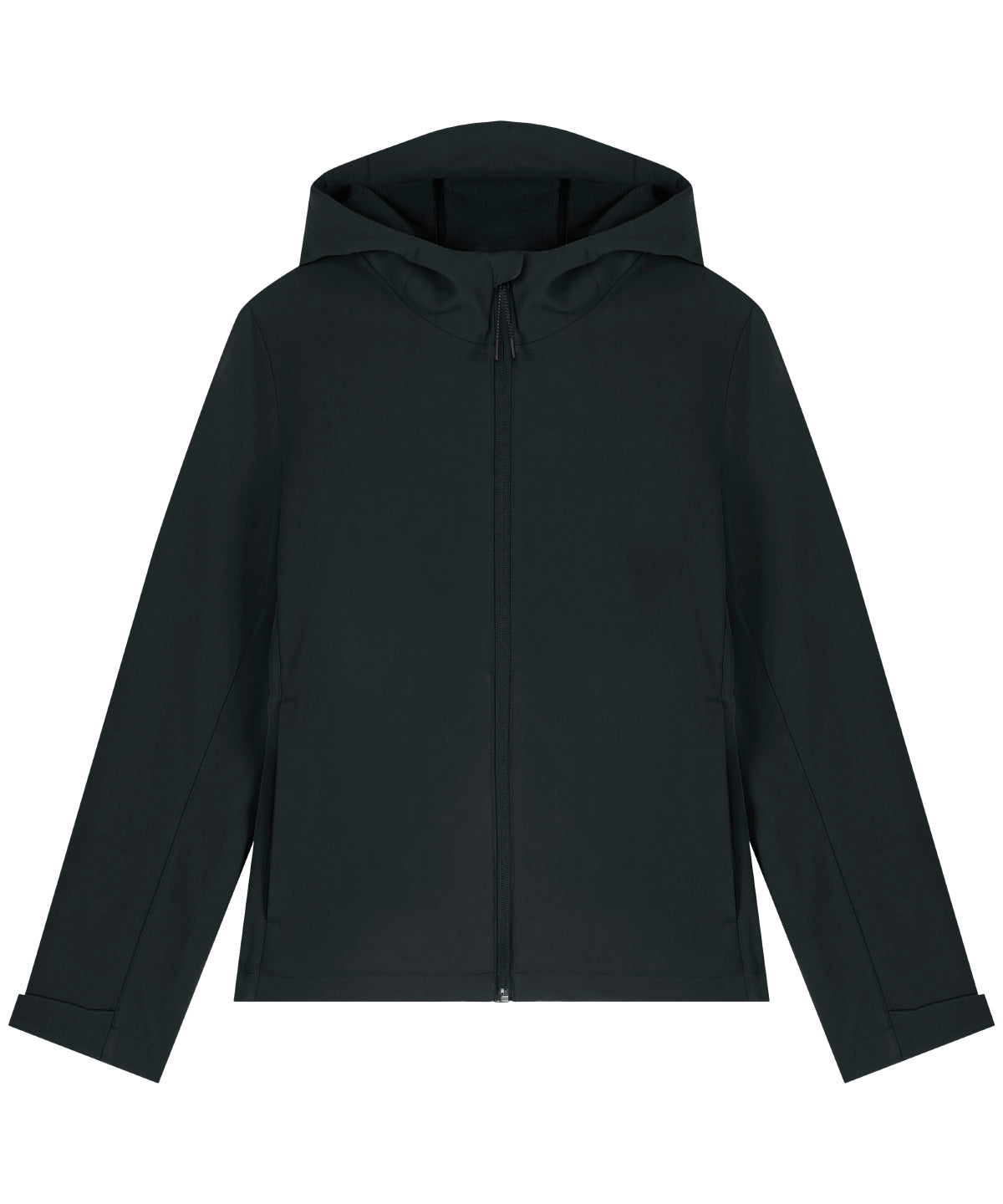Luxurious eco-friendly women's hooded softshell jacket made from recycled polyester, perfect for all weather conditions.