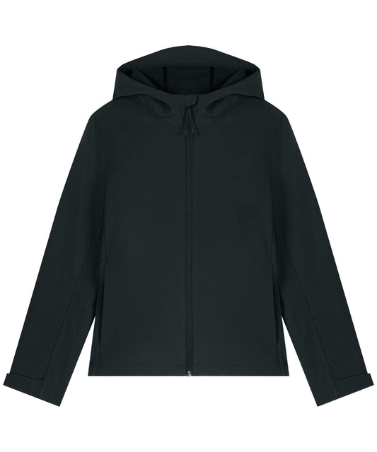 Luxurious eco-friendly women's hooded softshell jacket made from recycled polyester, perfect for all weather conditions.