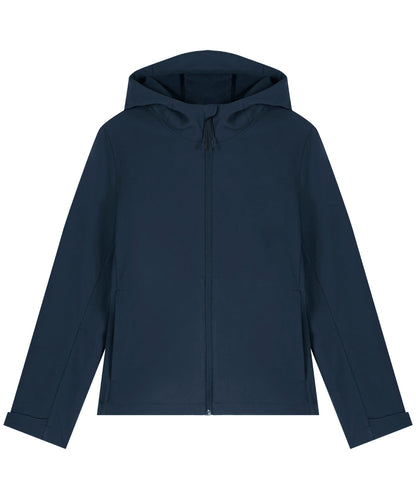 Sustainable women's softshell jacket featuring a chic hood and elegant design, perfect for sophisticated casual outings and eco-conscious fashion.