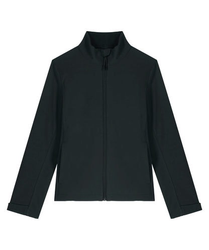 Stylish women's softshell jacket in a serene blue shade, crafted from recycled materials for sustainability and ultimate coziness.