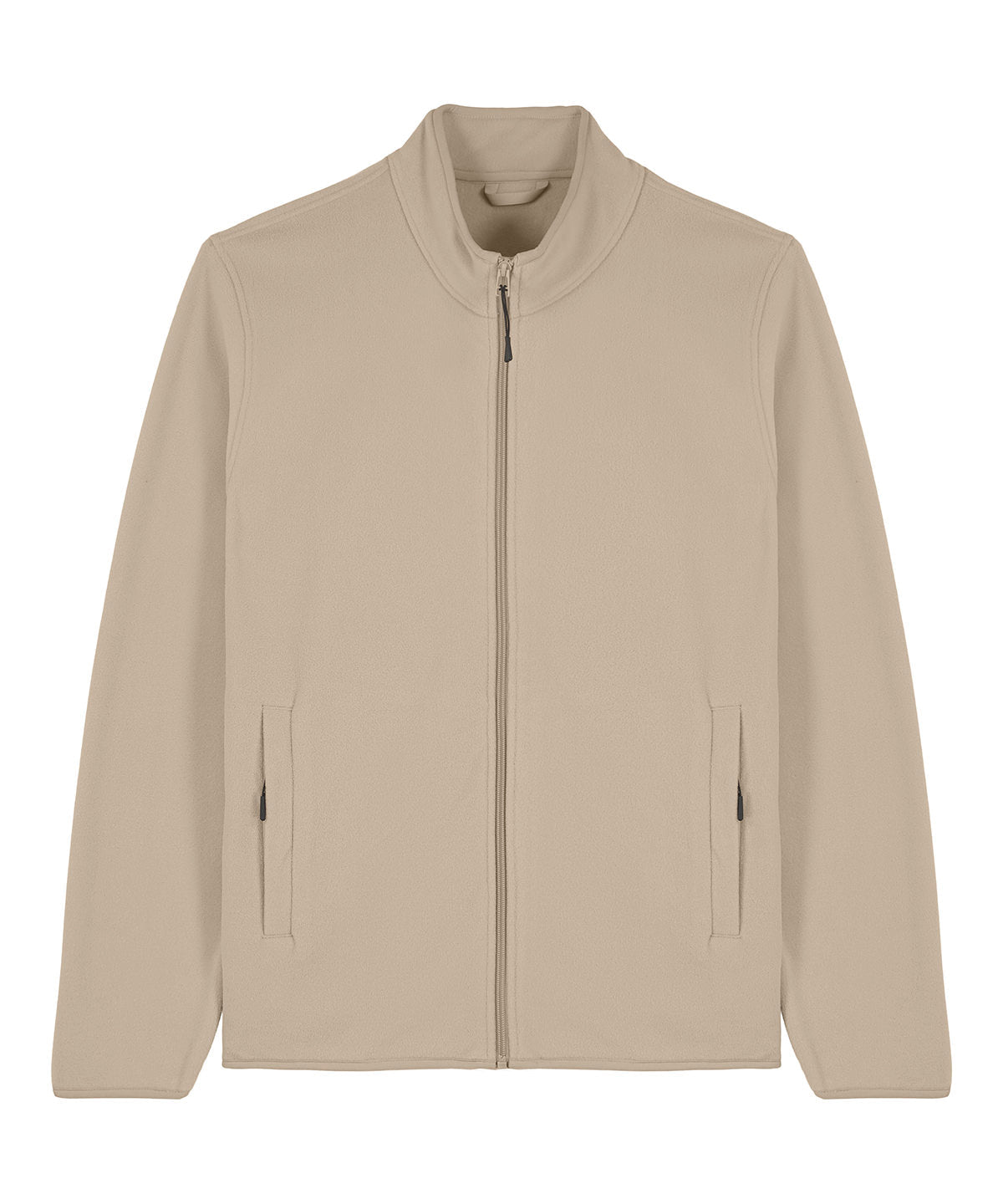 Men wearing a luxurious recycled fleece jacket in a casual setting, demonstrating comfort and sustainable fashion.