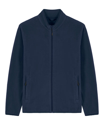Luxurious recycled polyester fleece jacket for men in a stylish outdoor setting, showcasing its softness and anti-pill finish.