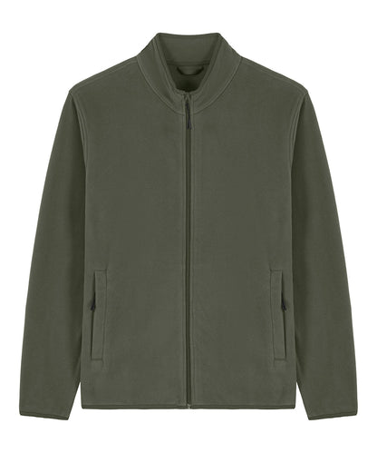 Close-up of the luxurious recycled polyester fabric of a men's fleece jacket, highlighting its premium quality and eco-friendly materials.