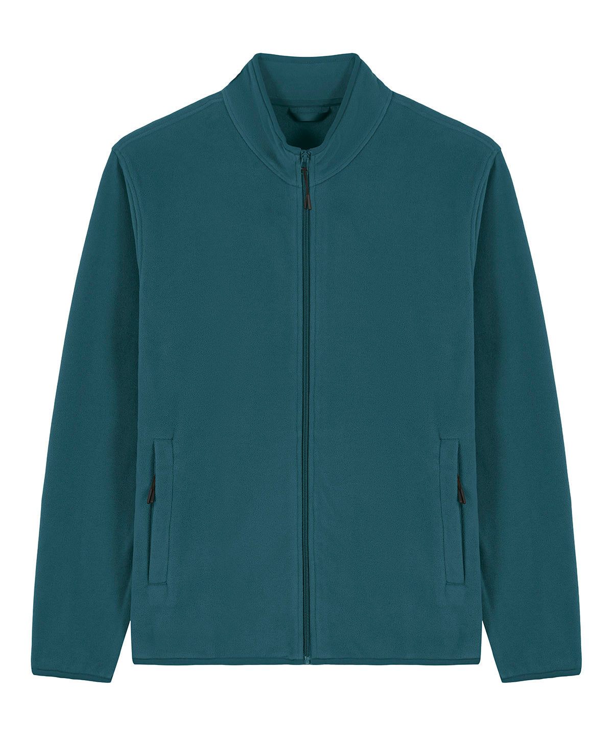 Elegant display of a men's fleece jacket made from 100% recycled polyester, emphasizing its comfort and sustainable craftsmanship.