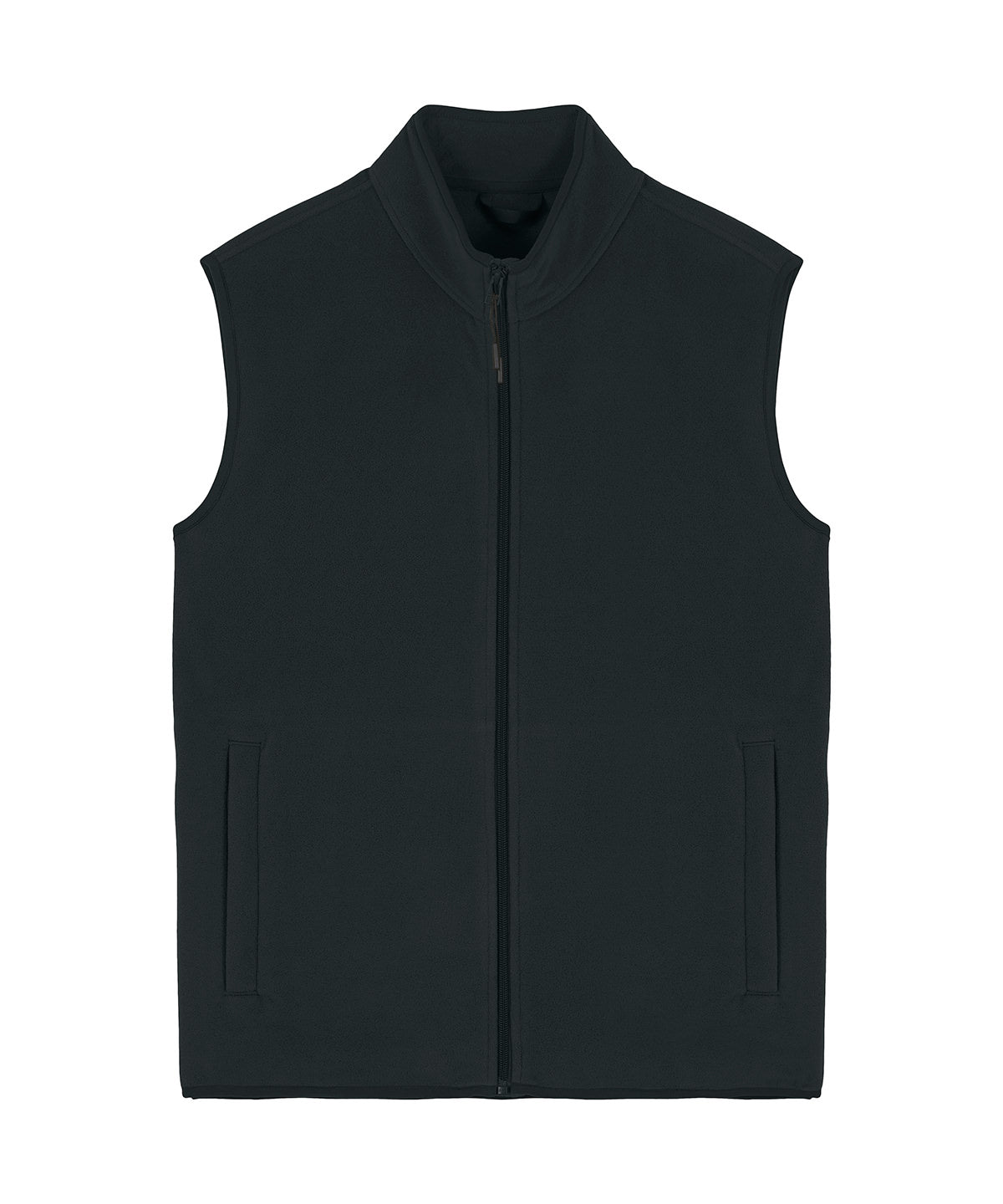Elegant view of the men's recycled fleece sleeveless jacket highlighting its modern fit and versatility for stylish layering.