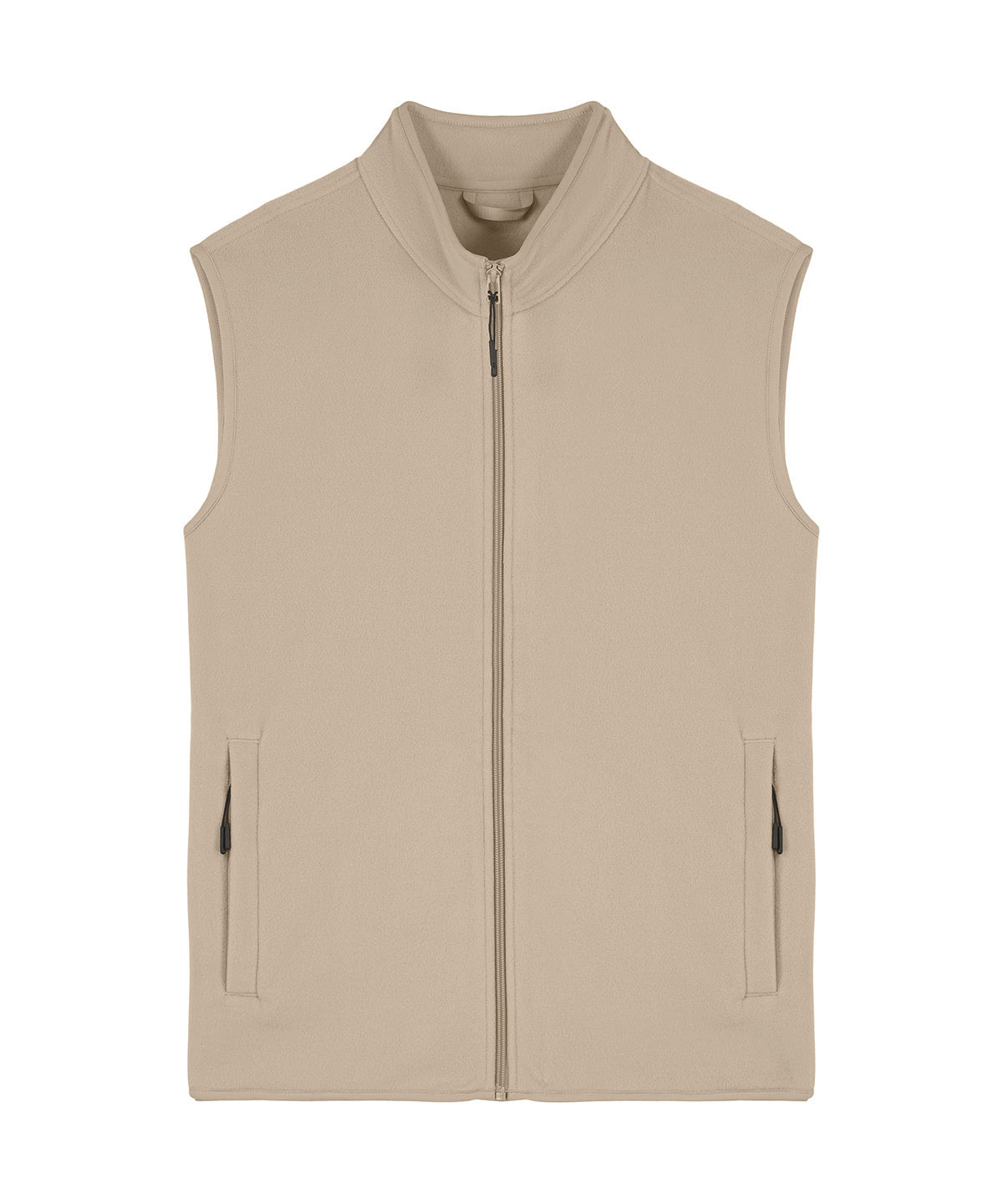 Men's eco-conscious fleece vest displayed in a lifestyle setting, demonstrating its ideal use for outdoor chilly adventures.