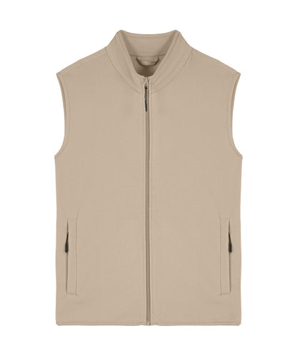 Men's eco-conscious fleece vest displayed in a lifestyle setting, demonstrating its ideal use for outdoor chilly adventures.