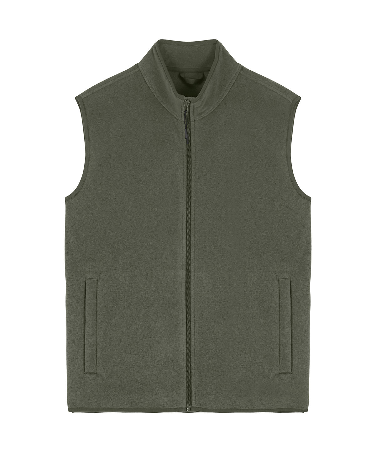 Elegant fit and finish of the men's fleece sleeveless jacket, showcasing eco-friendly materials from post-consumer plastic.
