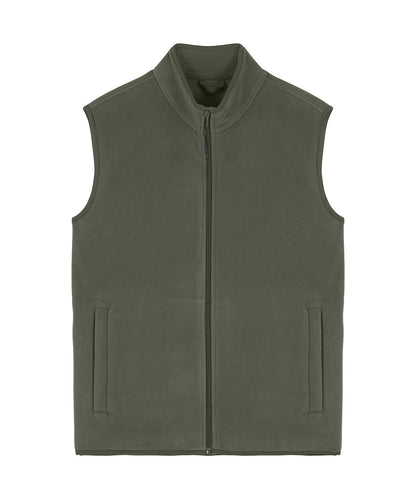 Elegant fit and finish of the men's fleece sleeveless jacket, showcasing eco-friendly materials from post-consumer plastic.