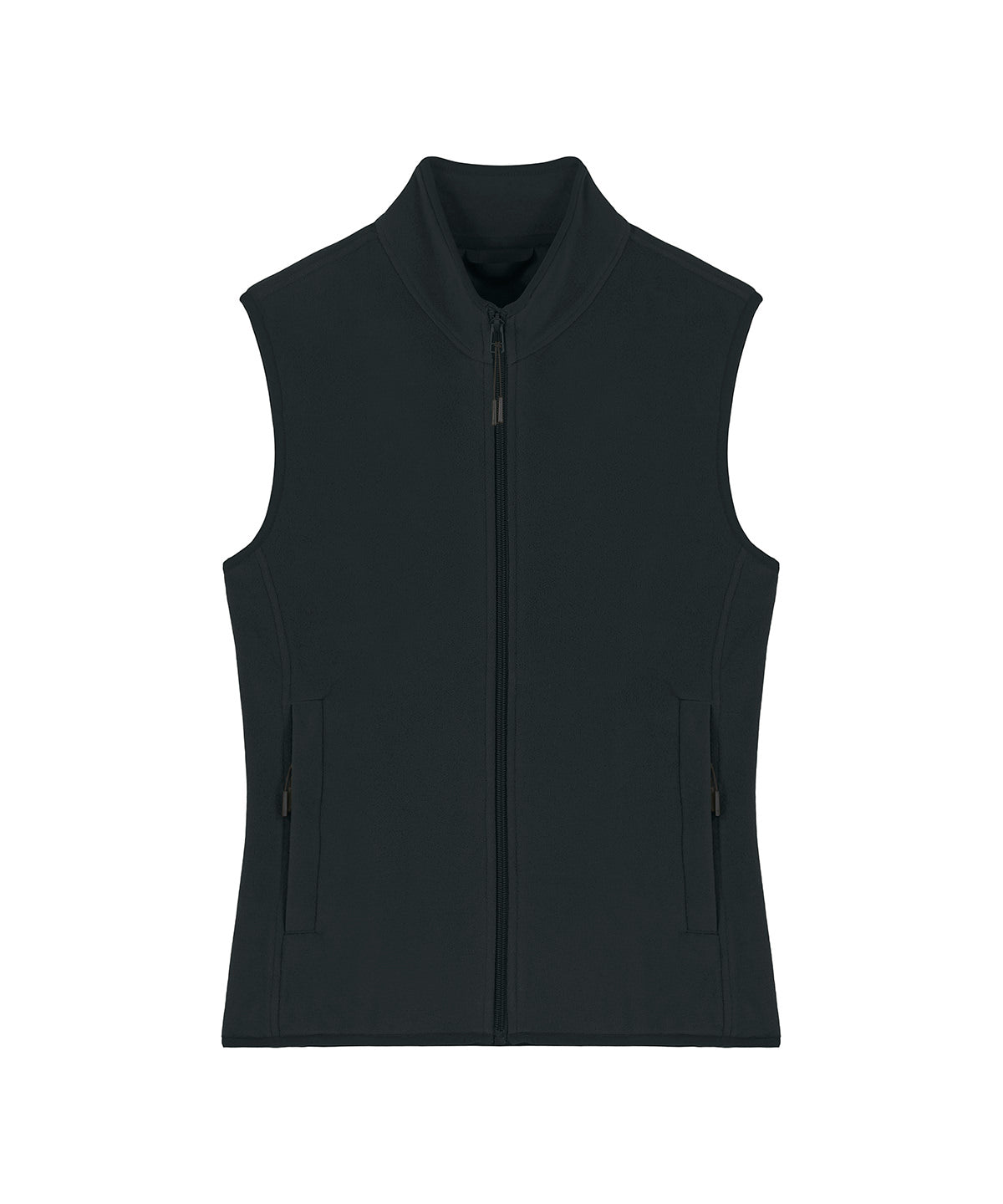Chic sleeveless jacket for women, made from 100% recycled polyester, emphasising eco-friendly fashion with a plush texture and refined silhouette.