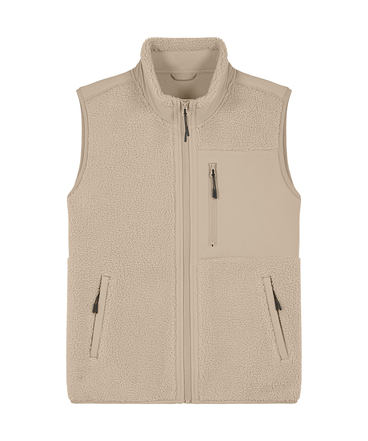 Elegant design of Earth Wardrobe's unisex recycled sherpa fleece bodywarmer, showcasing warmth and sustainability.