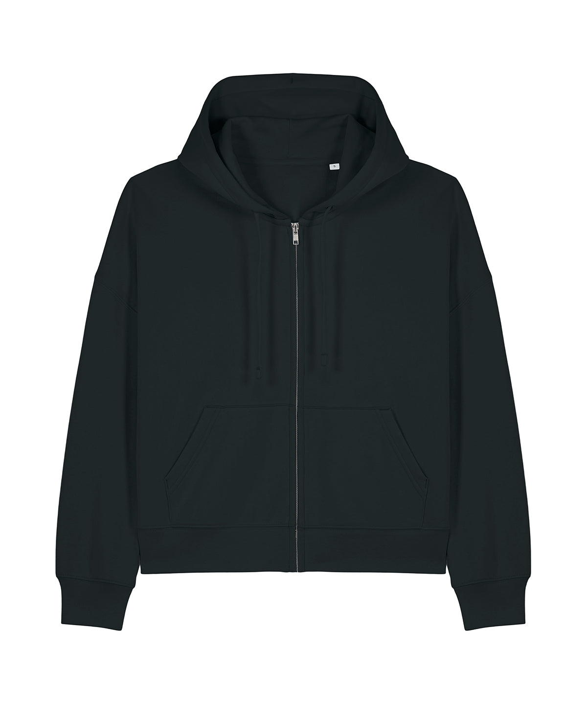 Luxury Organic Cotton Dropped Shoulder Zipped Hoodie for Women on a mannequin, showcasing its flattering medium fit and dropped shoulder design, crafted from 100% organic ring-spun combed cotton.