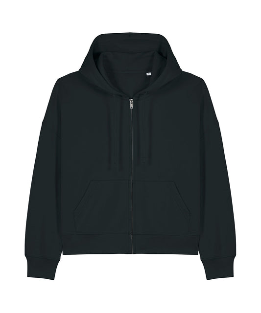 Luxury Organic Cotton Dropped Shoulder Zipped Hoodie for Women on a mannequin, showcasing its flattering medium fit and dropped shoulder design, crafted from 100% organic ring-spun combed cotton.