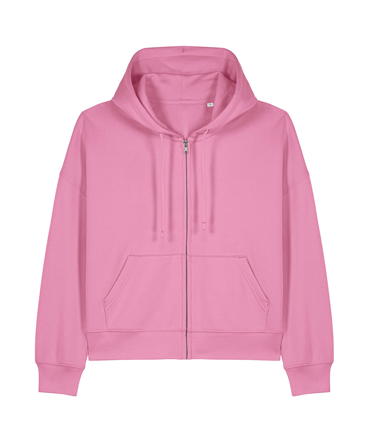 Stylish woman wearing the Luxury Organic Cotton Dropped Shoulder Zipped Hoodie, demonstrating versatile styling options for casual and elevated looks, zipped up over a chic outfit.