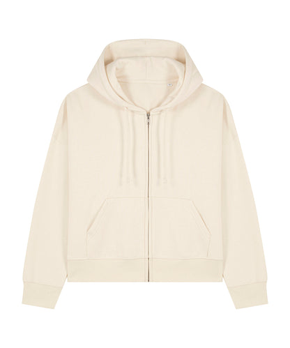 Stylish model wearing the organic cotton zipped hoodie, demonstrating its versatility for layered or standalone outfits.