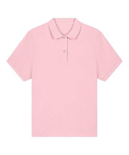 Elegant women's polo shirt made from 100% organic cotton, highlighting its breathable and soft texture.