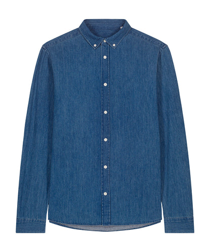 Stylish Sustainable Organic Cotton Long Sleeve Denim Shirt for Men, showcasing its premium fabric and sleek design.