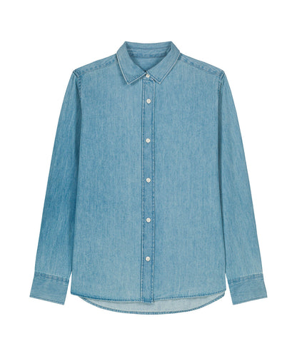 Luxurious Organic Cotton Long Sleeve Denim Shirt for Women, showcasing sustainable fashion in a trendy design.