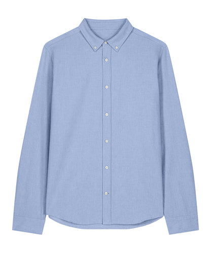 Stylish display of a men's organic cotton Oxford long sleeve shirt, illustrating versatility and elegant fashion.