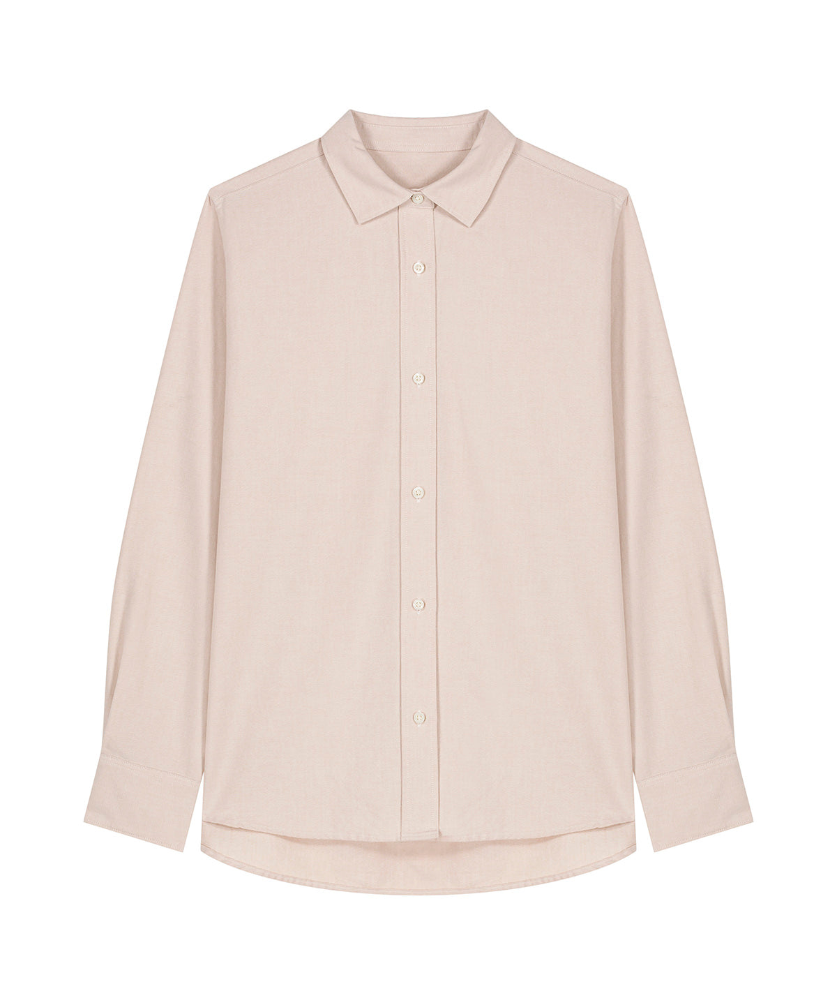 Elegant Womens Organic Cotton Oxford Long Sleeve Shirt in a soft pastel hue, tailored for a feminine fit, showcasing breathable and comfortable fabric.