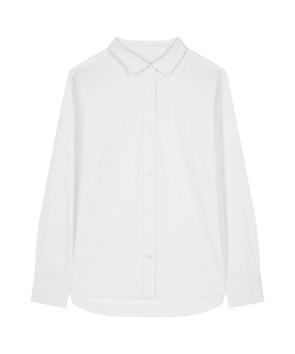 Womens Organic Cotton Oxford Long Sleeve Shirt displayed on a elegant model, reflecting its stylish design ideal for any occasion.