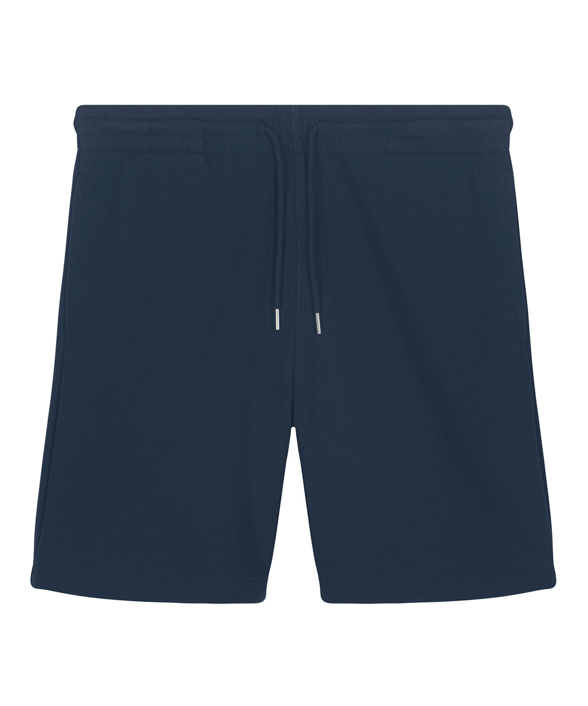 Close-up of eco-friendly jogger shorts featuring a self-fabric elastic waistband and matching round drawcords, elegantly designed for comfort.
