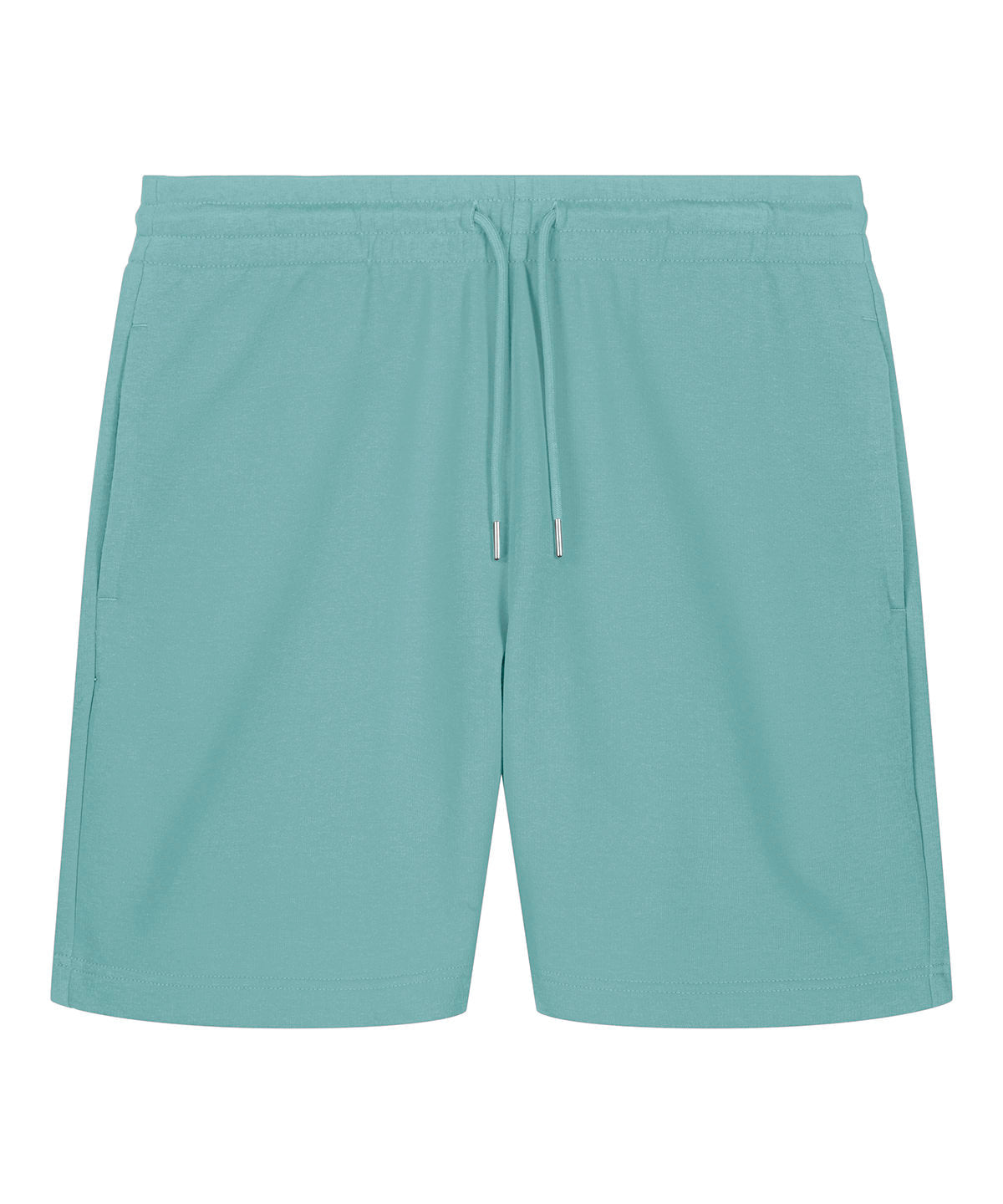 Elegant illustration of organic cotton jogger shorts featuring a self-fabric elastic waistband and stylish round drawcords, epitomising comfort and sophistication.