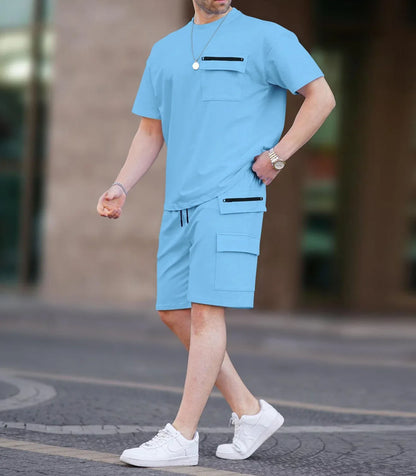 Luxurious men's casual summer set featuring a short sleeve multi-pocket utility t-shirt in a refined style, crafted from a premium polyester and cotton blend for ultimate comfort.