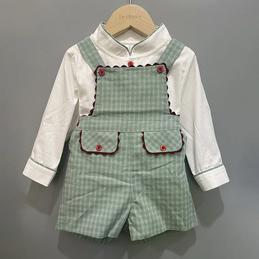 Luxury toddler boys' long sleeve cotton shirt in white, elegantly paired with green plaid pants, showcasing classic British style for ages 1-3 years.