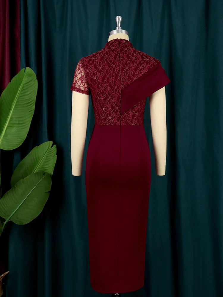 Elegant black long evening dress featuring a high neck and intricate lace patchwork, ideal for upscale events and parties.