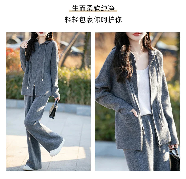 Casual yet chic outfit featuring a Women's Crewneck Hooded Cardigan paired with wide leg pants, ideal for luxury loungewear or casual outings.