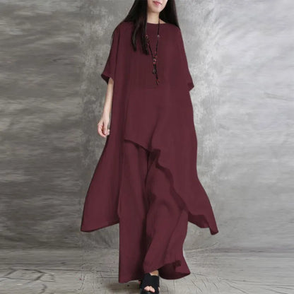 Full outfit display of the women’s casual loose blouse and high waist wide leg trousers in luxurious cotton linen, ideal for summer elegance.