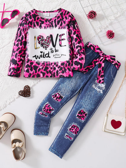 Luxurious girls 2-piece fashion set featuring a chic pink leopard print knit long sleeve top paired with stylish dark blue slim pants, designed for ages 4-6 years.