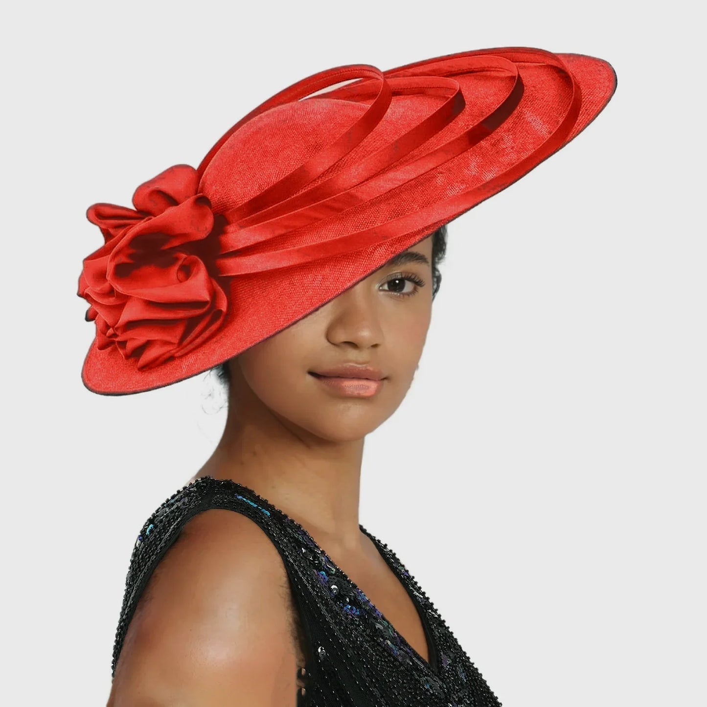 Elegant sinamay fascinator hat in a sophisticated design, perfect for weddings and formal occasions, showcasing a stylish aesthetic.