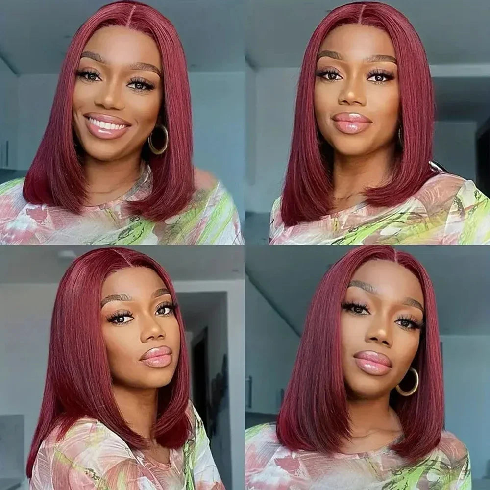 Elegant model wearing the 99J Burgundy 13x4 Bob Straight Pre Plucked Wig, demonstrating its short length and straight texture, perfect for luxurious everyday styling.