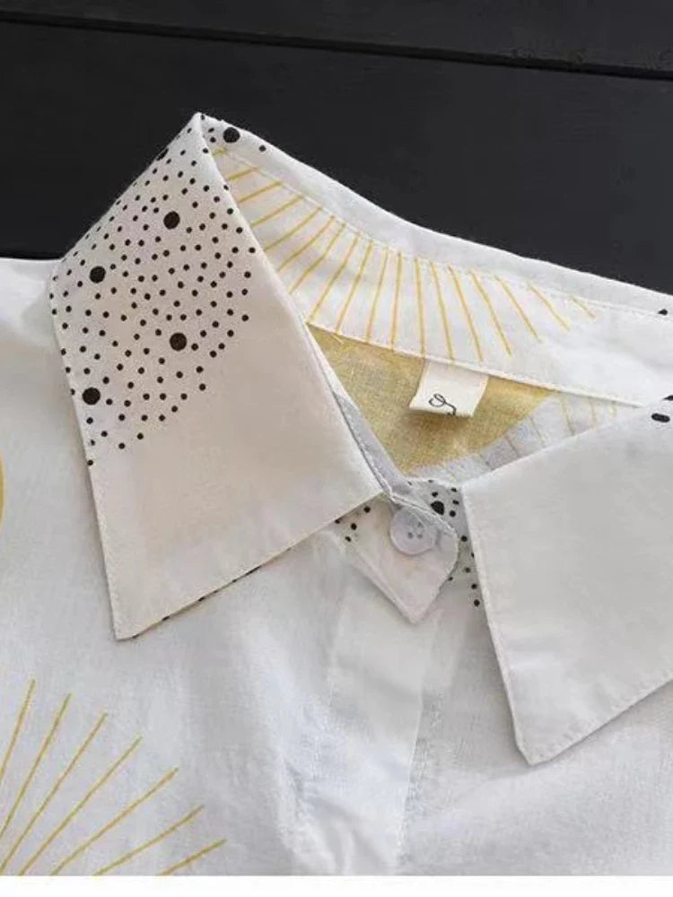 Luxurious mid-length printed blouse for women, designed for casual elegance and sun protection.