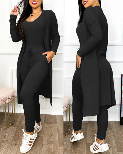 Stylish flat lay of the women’s two-piece jumpsuit ensemble, showcasing the elegant V-neck, sleeveless top and ankle-length pencil pants, a perfect choice for modern women.